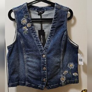 Driftwood Daisy Flower Print Embroidered Blue Denim Vest Womens Size XL NWT 😍